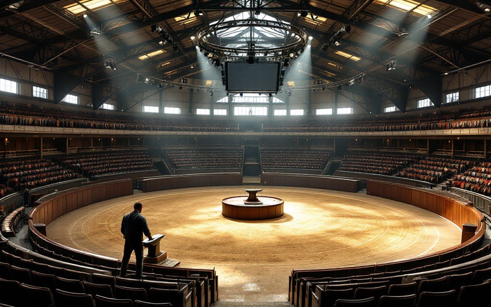 An empty auction sale ring with tiered seating and a rostrum
