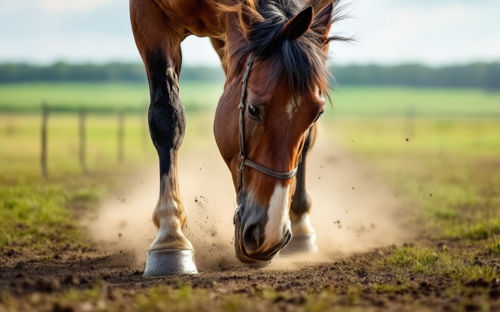 A horse trotting on open ground, all four legs visible