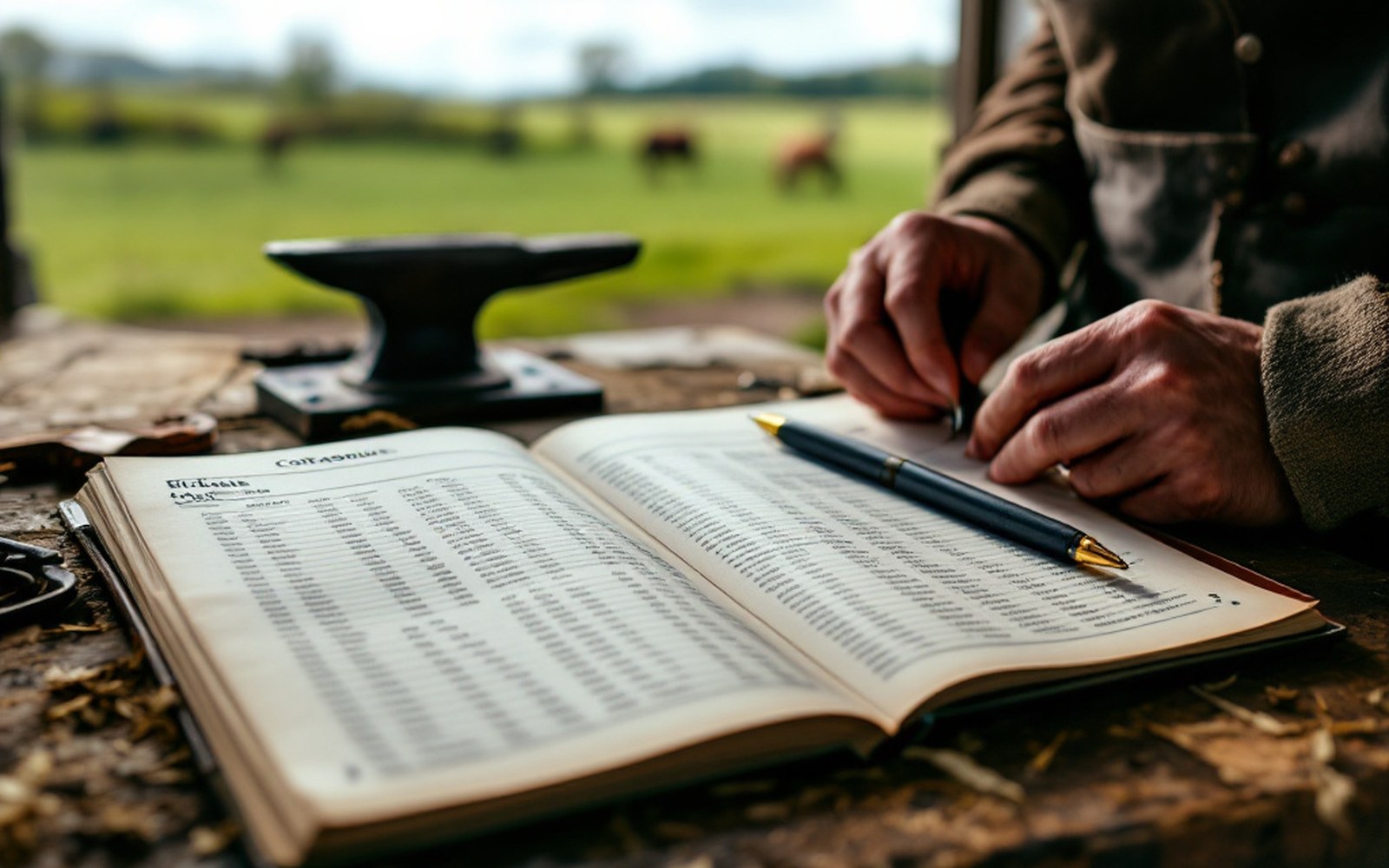 An open sale catalogue with a pedigree page and a pen