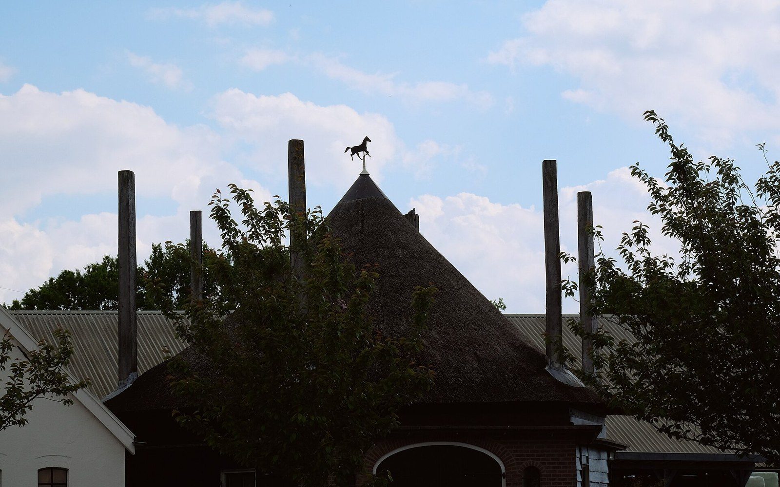 A horse weathervane on the thatched roof of a stud building